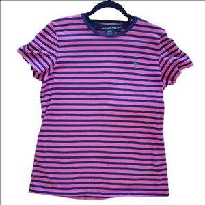 Ralph Lauren Sport Pink Navy Striped Cotton Short Sleeve Tee with Pony XL L M